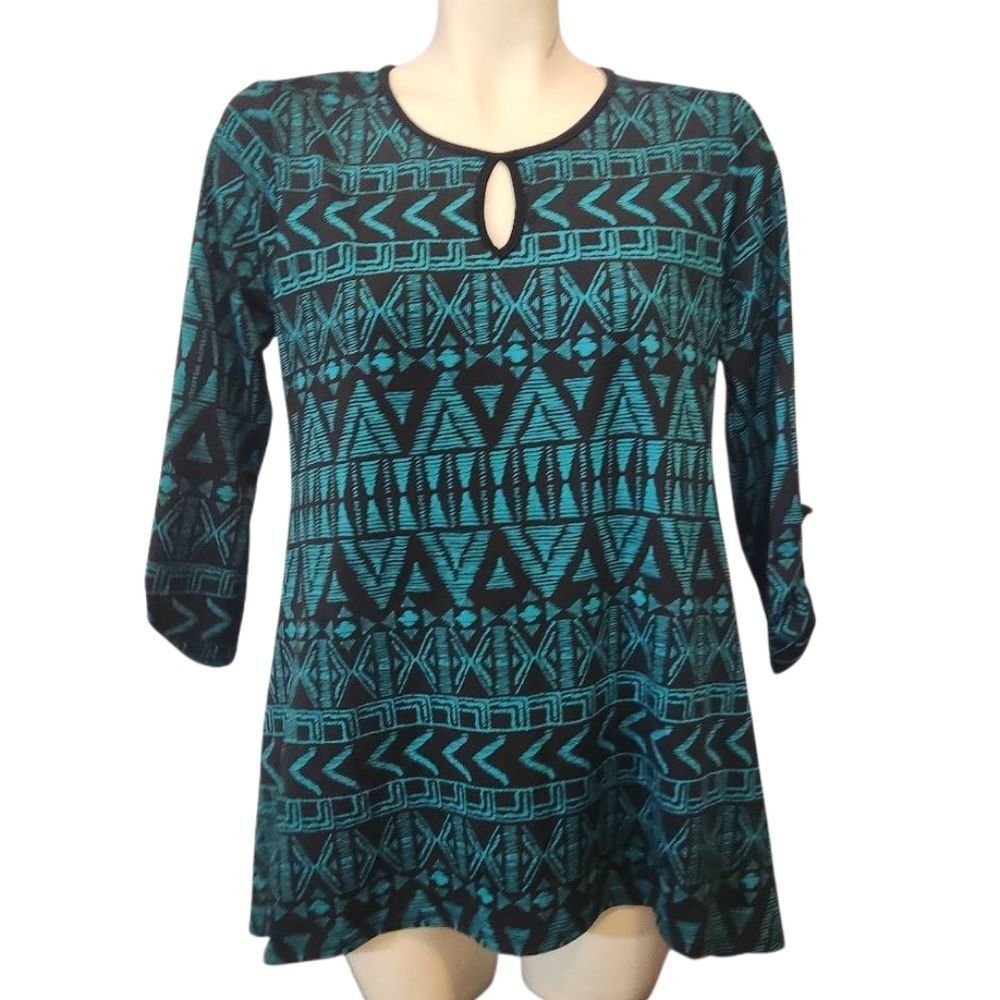 Faith & Joy Teal Geometric Patterned Women's Top‎ Size Medium